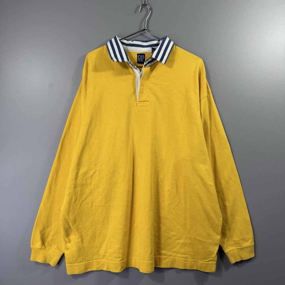 Vintage Gap Polo Rugby Shirt Mens XL Yellow Stripe Collar Long Sleeve Cotton